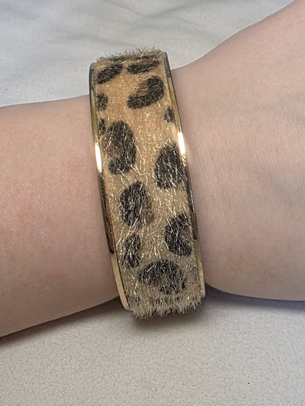 Gold-Trim Fuzzy Leopard Print Hinge Bangle Bracelet